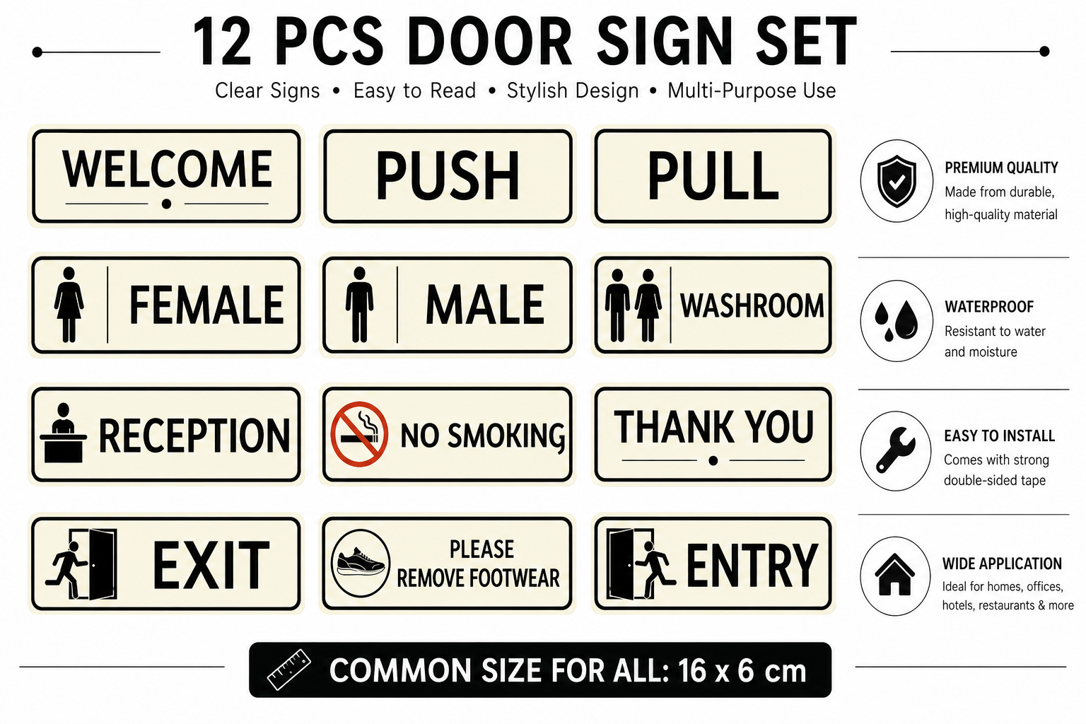 Stickkaro Premium Door Sign Sticker Set (Pack of 12) | Push, Pull, Entry, Exit, Male, Female, Washroom, Reception, Welcome, Thank You, No Smoking & Please Remove Shoes | Office, Home & Commercial Use
