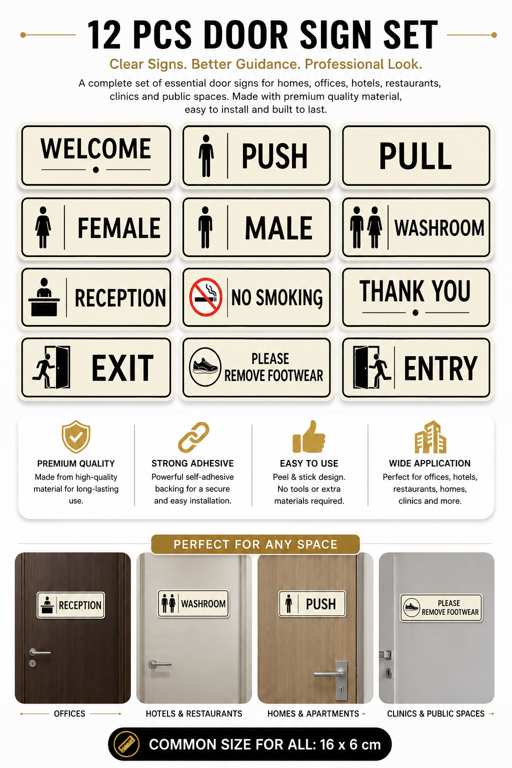 Stickkaro Premium Door Sign Sticker Set (Pack of 12) | Push, Pull, Entry, Exit, Male, Female, Washroom, Reception, Welcome, Thank You, No Smoking & Please Remove Shoes | Office, Home & Commercial Use