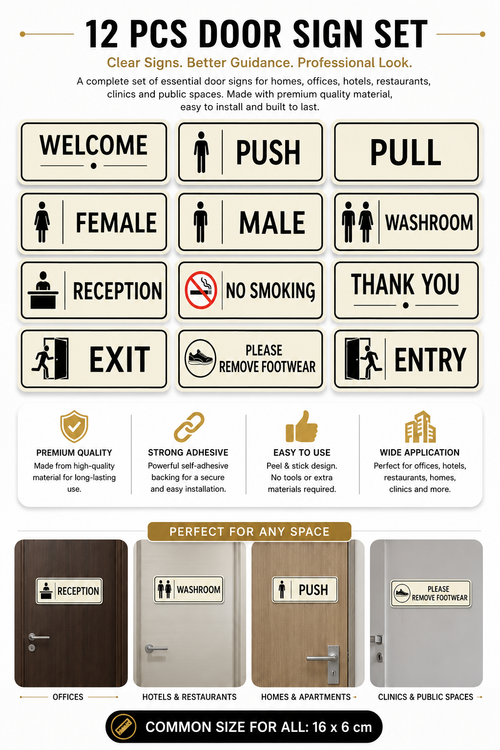 Stickkaro Premium Door Sign Sticker Set (Pack of 12) | Push, Pull, Entry, Exit, Male, Female, Washroom, Reception, Welcome, Thank You, No Smoking & Please Remove Shoes | Office, Home & Commercial Use